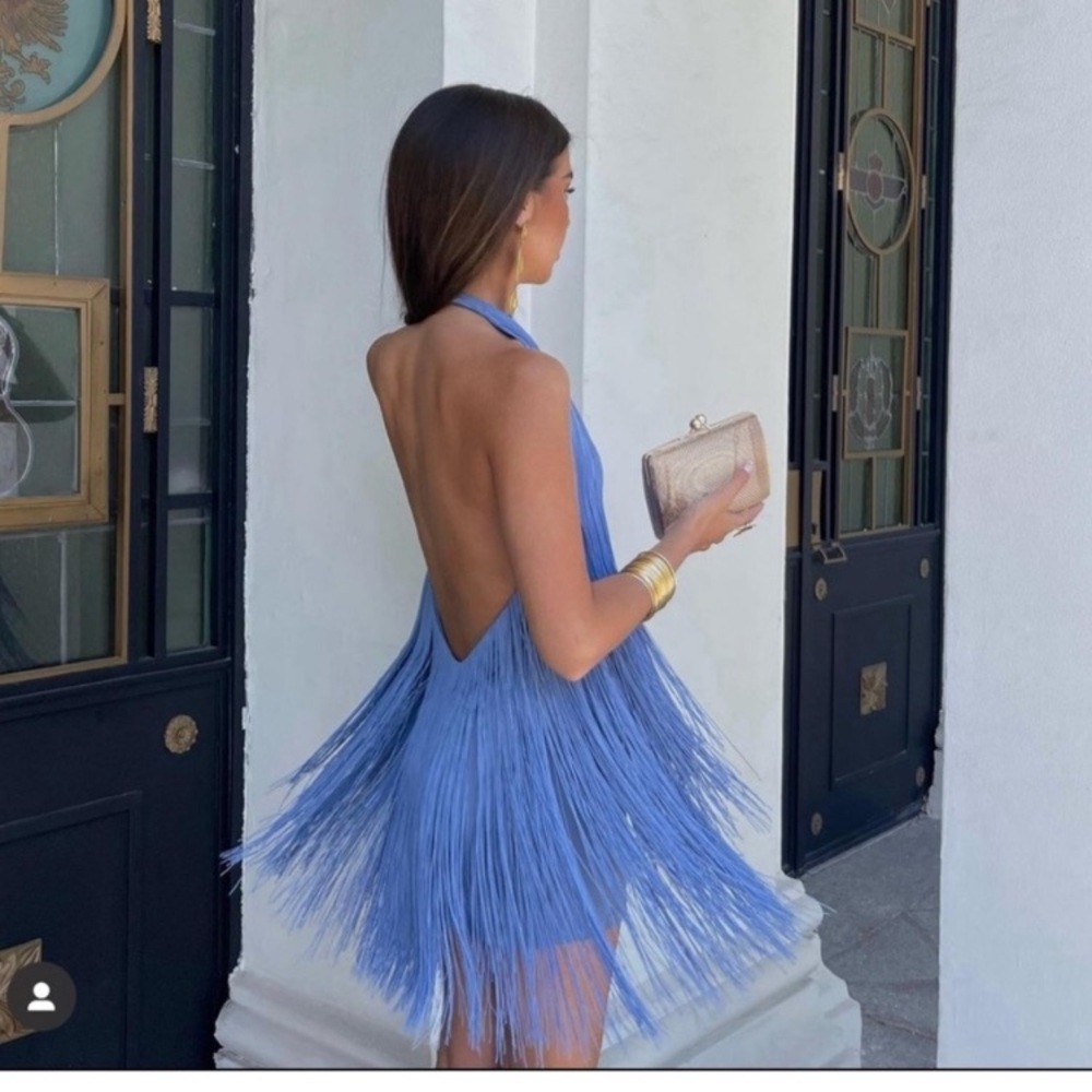 ZARA Blue Fringe Halter Mini Dress NWT - Picture 8 of 15